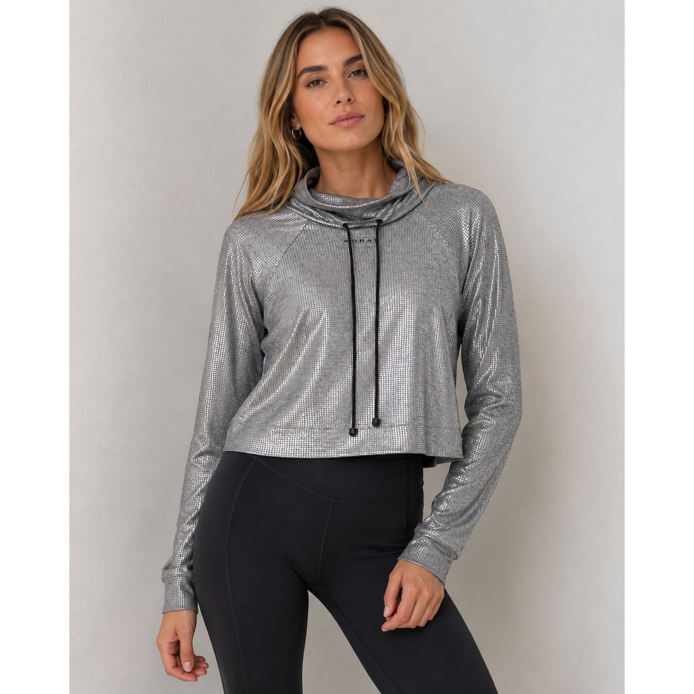 Koral Silver Metallic Funnel Neck Crop Top Womens Small Athleisure Pullover
